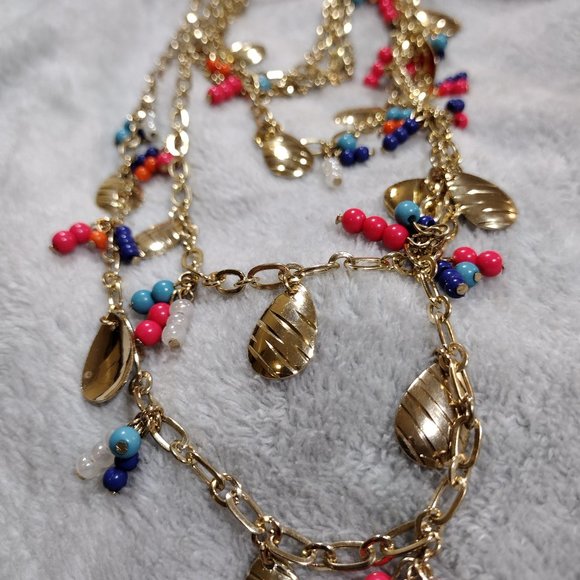 Colorful Gold Chain Charming Necklace Beads Triple Strand Women's Fashion - Picture 13 of 13